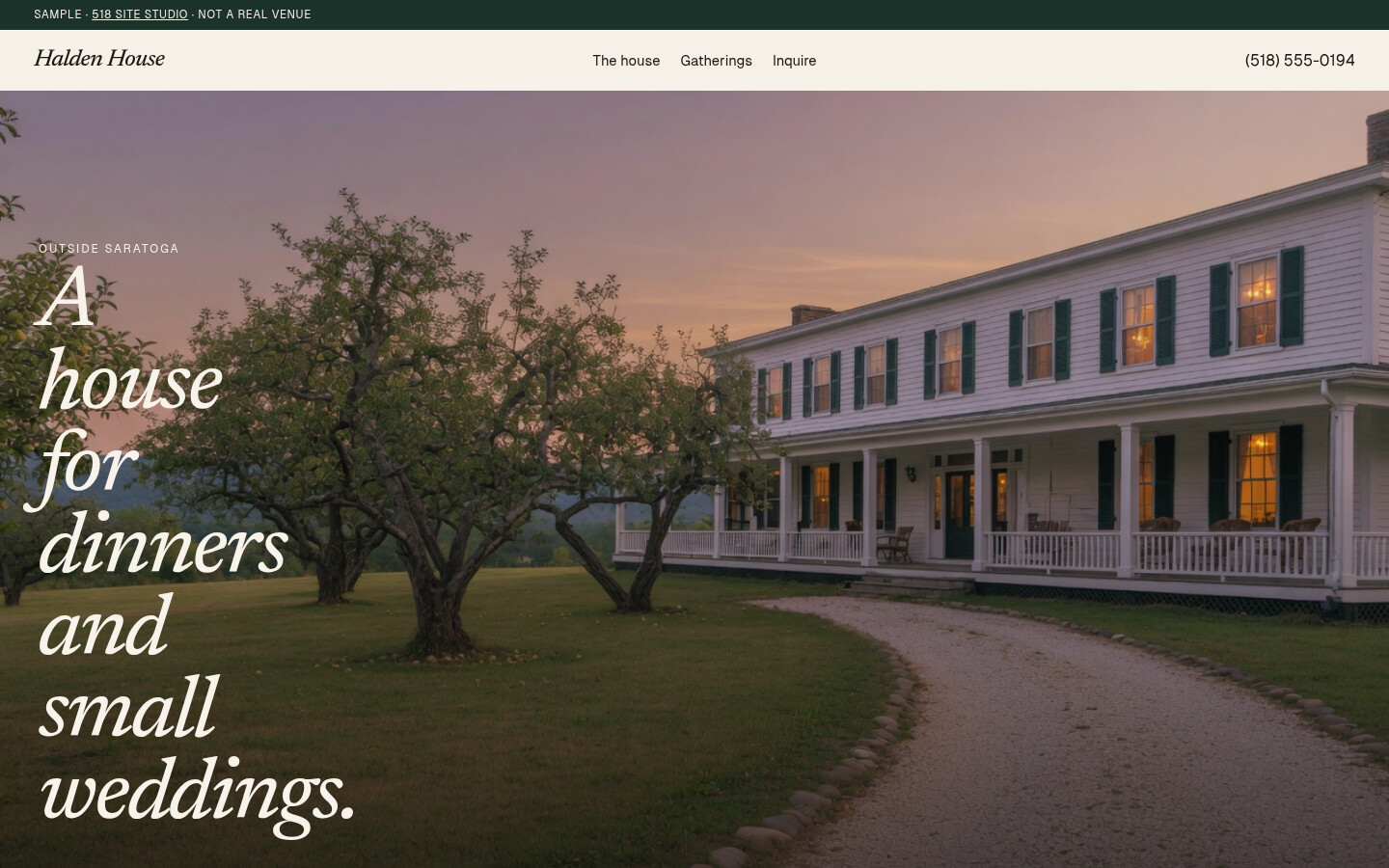 Halden House, a sample. A white event house at dusk, and the line about dinners and small weddings. Not a real venue.
