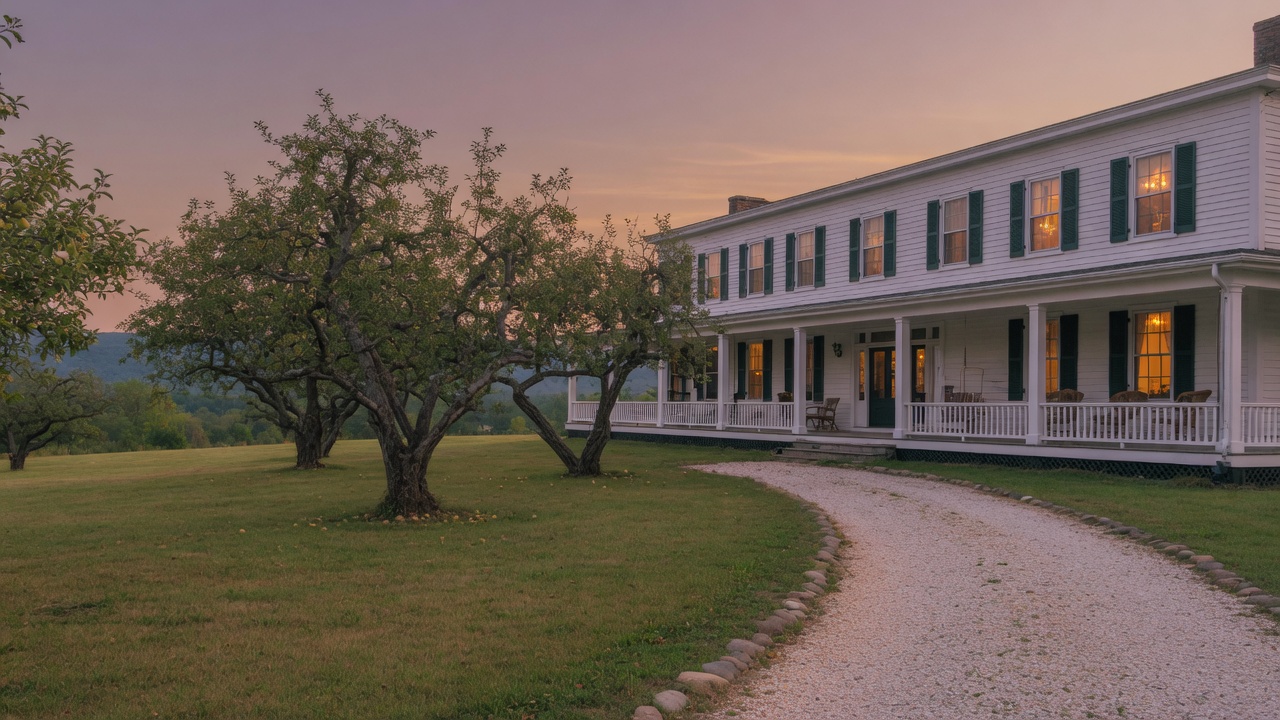 A long white house with a porch and apple trees at dusk, lights on in the windows.