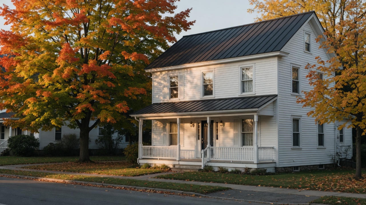A white house on a shaded street, with a dark standing-seam metal roof and autumn maples.