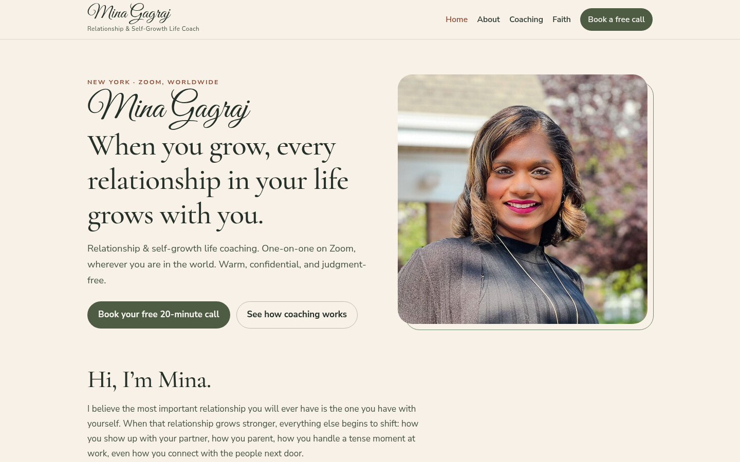 Mina Gagraj Coaching, a live site. Her portrait and the line about relationships.